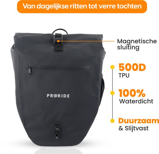 Proride® Enkele Fietstas - 100% Waterdicht - 28 Liter - Pakaftas Elektrische Fietsen - Schoudertas - Inclusief Schouderband en Laptophoes - Bagagedrager - Reflector - Magnetische sluiting - Zwart - Fietszakken van Proride — afbeelding 4