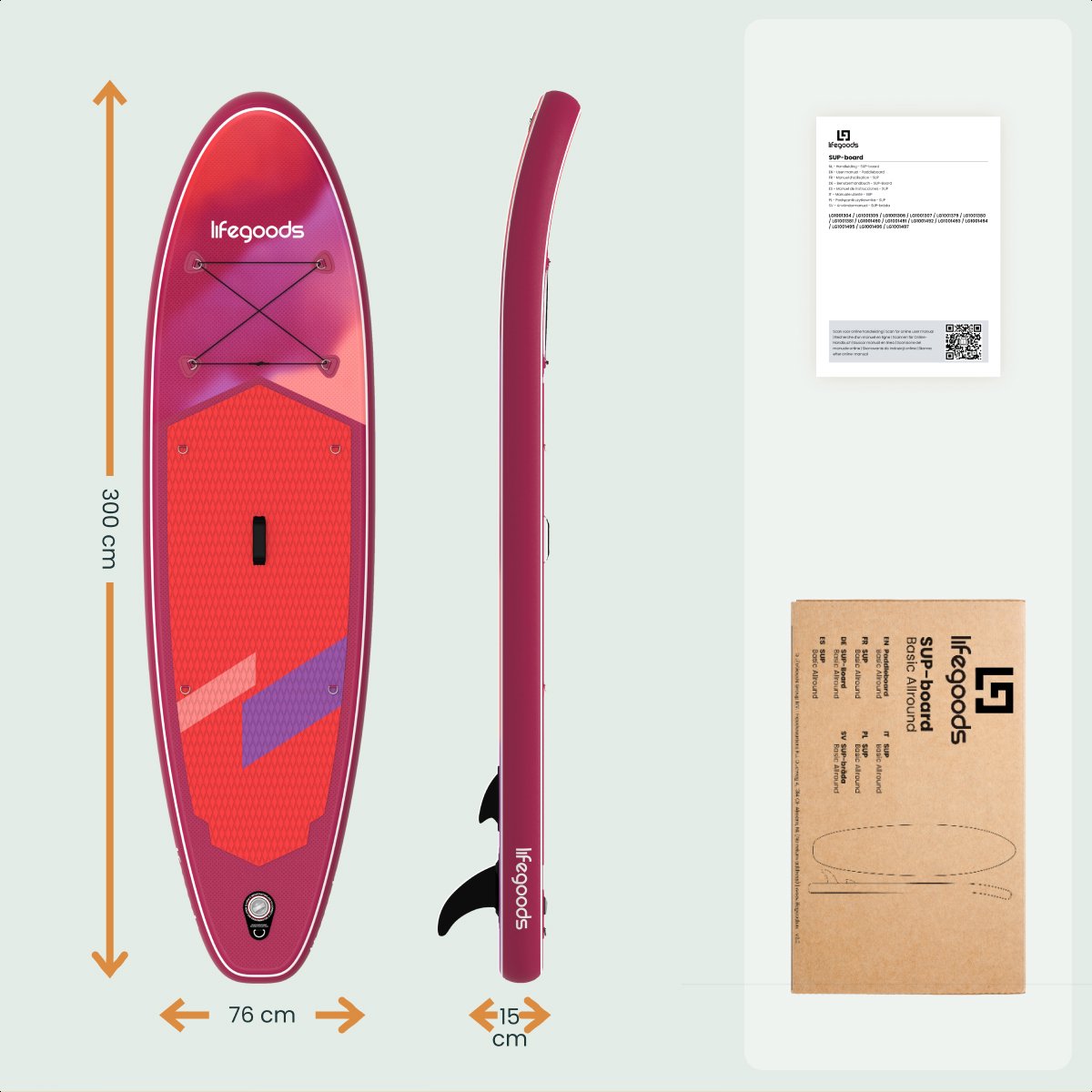 LifeGoods SUP Board Allround Compact - 120 KG Draagkracht - 300 x 76 cm - Opblaasbaar - Compleet SUP pakket - Rood/Lila – foto 7
