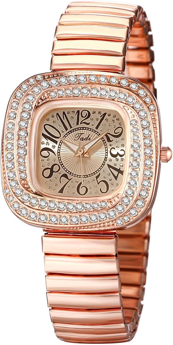 Dames Horloge Vierkant Iced-Out met Elastische Band - Analoog Kwarts Uurwerk