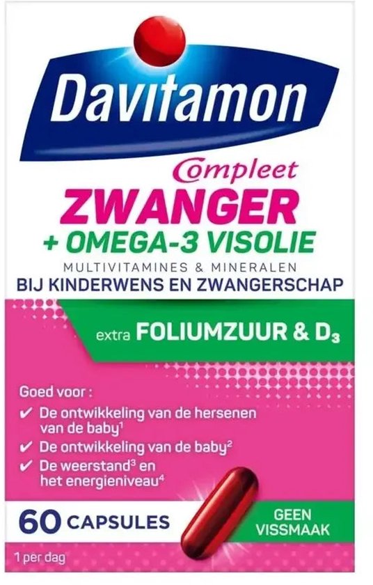 Davitamon Mama Compleet Zwanger Omega 3 Visolie met Foliumzuur - Multivitamine zwangerschap met vitamine D3 - 60 stuks zwangerschapsvitaminen