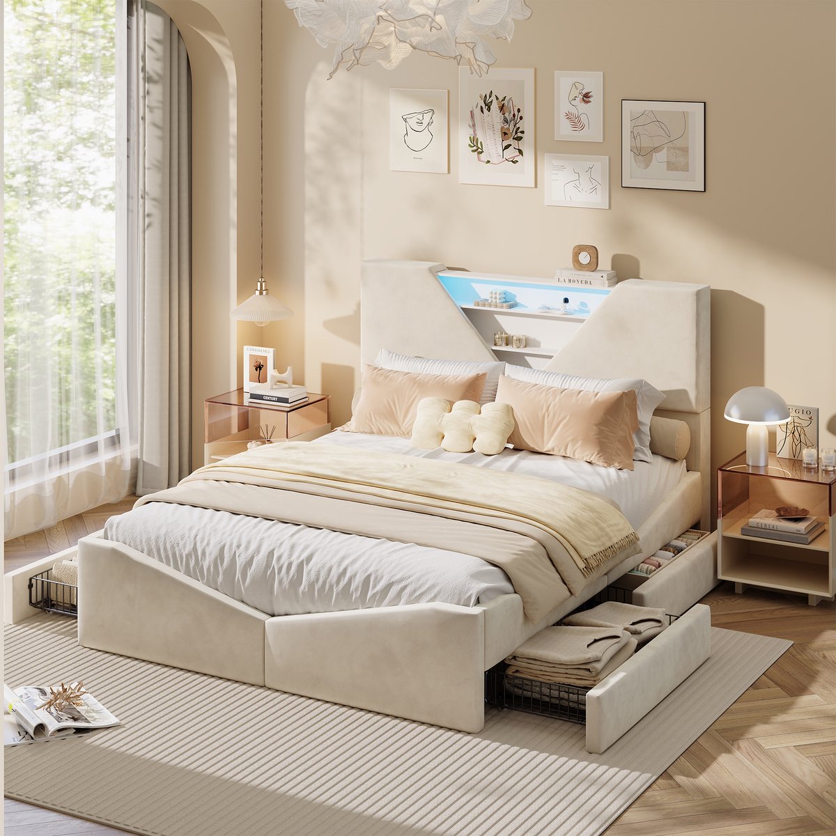 Design Fluwelen Bed 160x200 Beige met Driehoek LED Hoofdbord en 4 Lades – Modern Tweepersoonsbed met Smart Verlichting