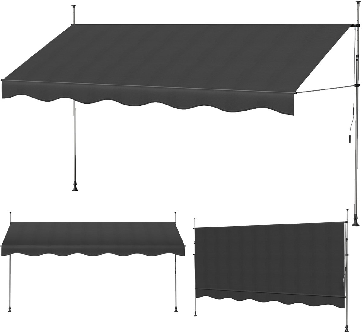 PIPIPOXER - 400x120cm Klemluifel met handslinger - Balkonluifel zonder boren - In hoogte verstelbaar - UV-bestendig, zwart