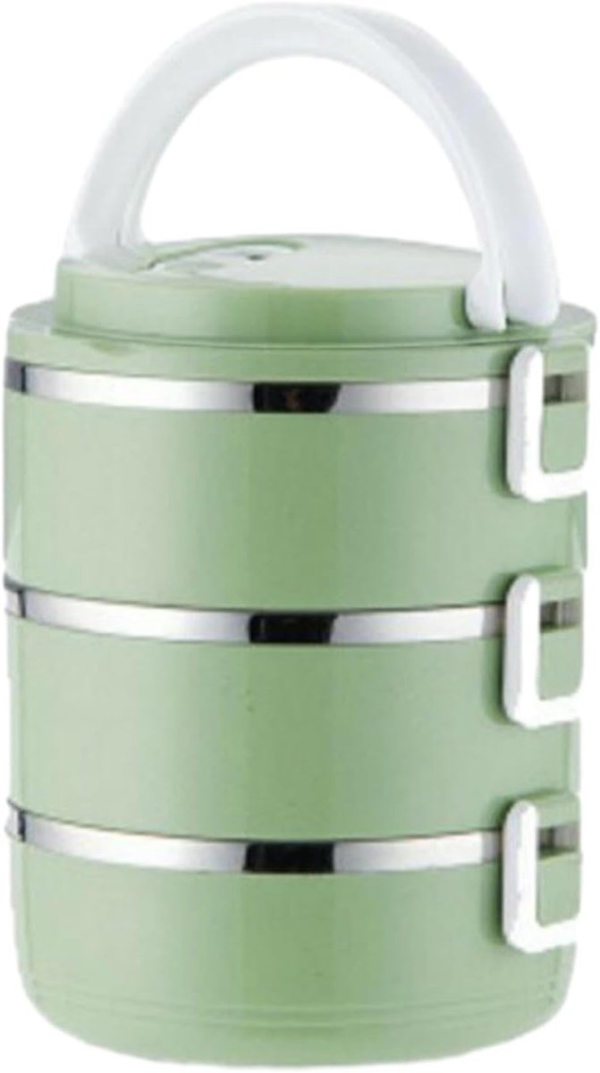 Geïsoleerde, ronde, meerlaagse, afsluitbare lunchbox van roestvrij staal - drielaags, groen