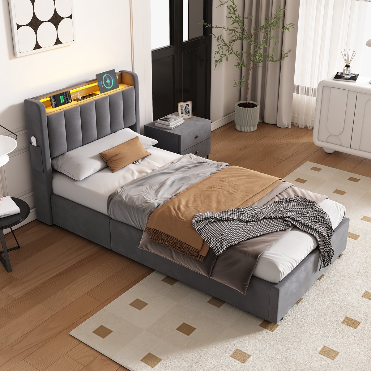 FloraGrace Bedframe Stof LED 90x190 - Eenpersoonsbed met Opbergruimte - Fluweel - Donkergrijs