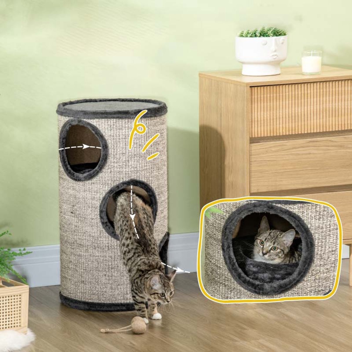 Kattenkrabton Drie lagen ontwerp Groot krasbestendig sisal oppervlak Zachte comfortabele rustzone Modern stijlvol ontwerp Stevig duurzaam houten frame Biedt katten veilige klim- en speelruimte 38x38x70cm Grijs thumbnail 3