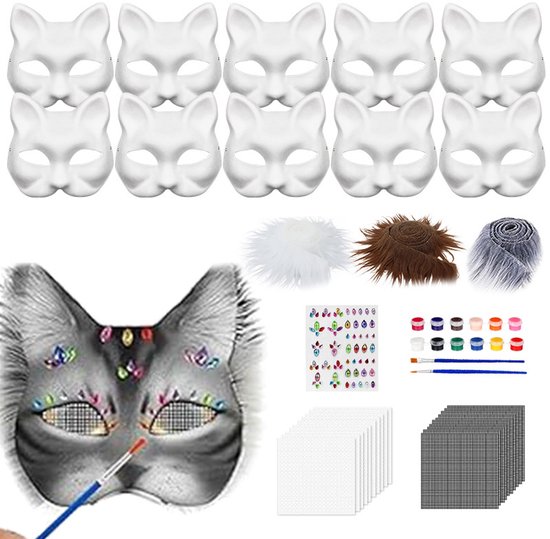 DIY Orc Masker Set, blanco handbeschilderd halfgezichtsmasker, geschikt voor katten en vossen, inclusief pluche oogmasker en vilten lapje, perfect voor Halloween, carnavals, gemaskerde bals, feesten en cosplay.