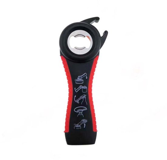 Zwarte en rode multifunctionele flesopener met rubberen grip en diverse openingsfuncties.