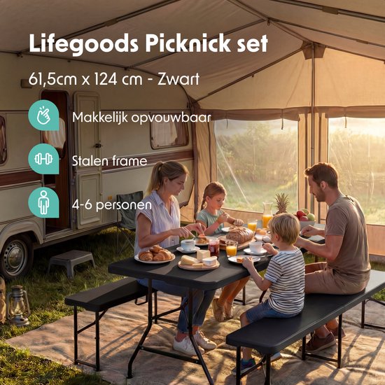 LifeGoods Inklapbare Picknickset - 124cm x 61,5cm - Tuintafel met 2 Banken - Weerbestendig - Campingtafel - Biertafel Opklapbaar - Voor Binnen en Buiten - Voor 4 tot 6 Personen - Zwart van Merkloos — afbeelding 2