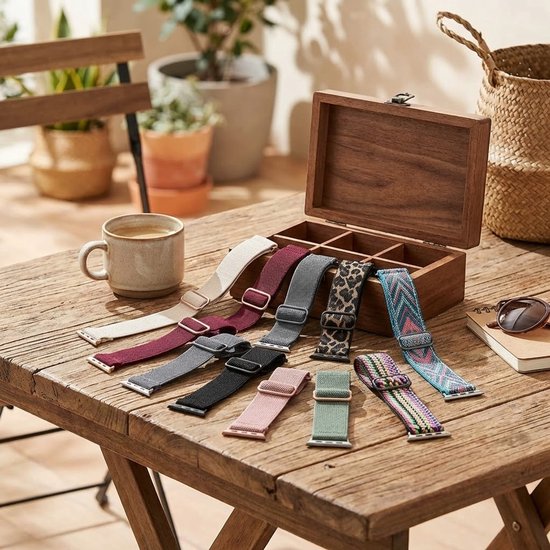 Houten tafel met negen verschillende stoffen smartwatchbandjes, een koffiemok en een houten opbergdoos.