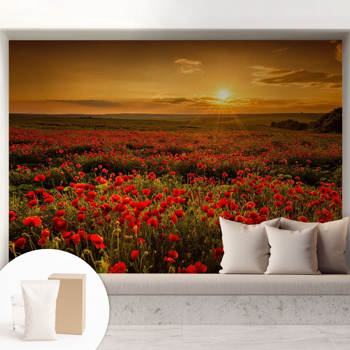 Coloray Behang - Papaverveld Wandbekleding - 208x146 cm - Rood Behang - Voor natuurliefhebbers en liefhebbers van zonsondergangen - Behang Voor de woonkamer, voor de slaapkamer - Muurbehang Landschappen