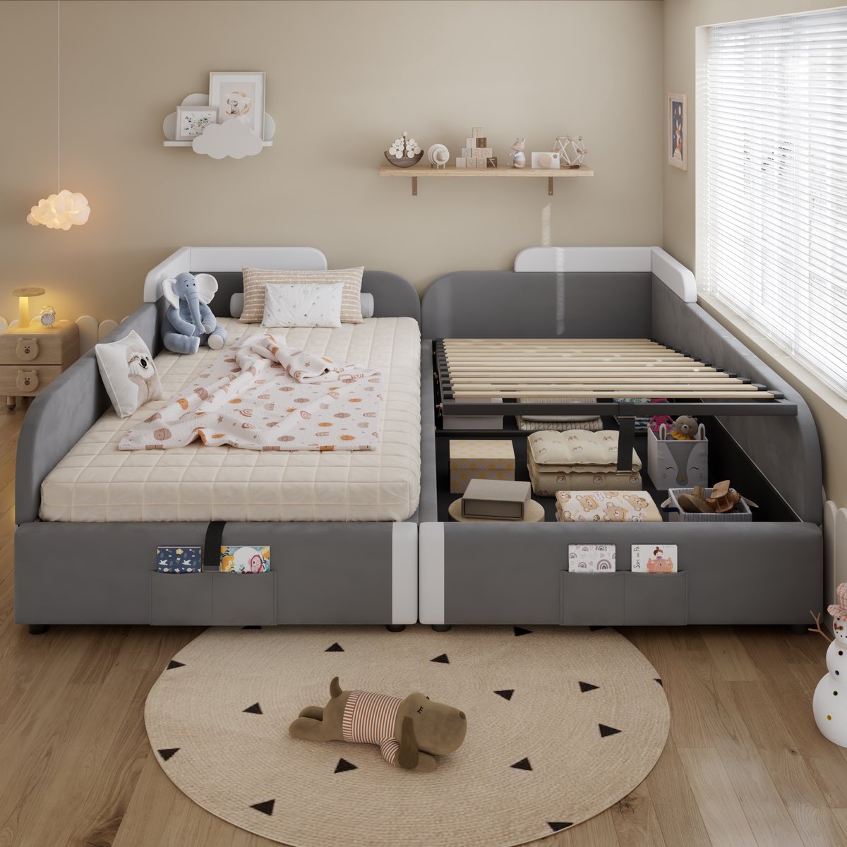 STILVORA Gestoffeerd Kinderbed 90x200 Cm X2 – Hydraulisch Opklapbed Met Grote Opbergruimte – Zacht Verhoogd Bedhek – Voeten Einde Opbergvak – Zonder Matras – Wit Grijs