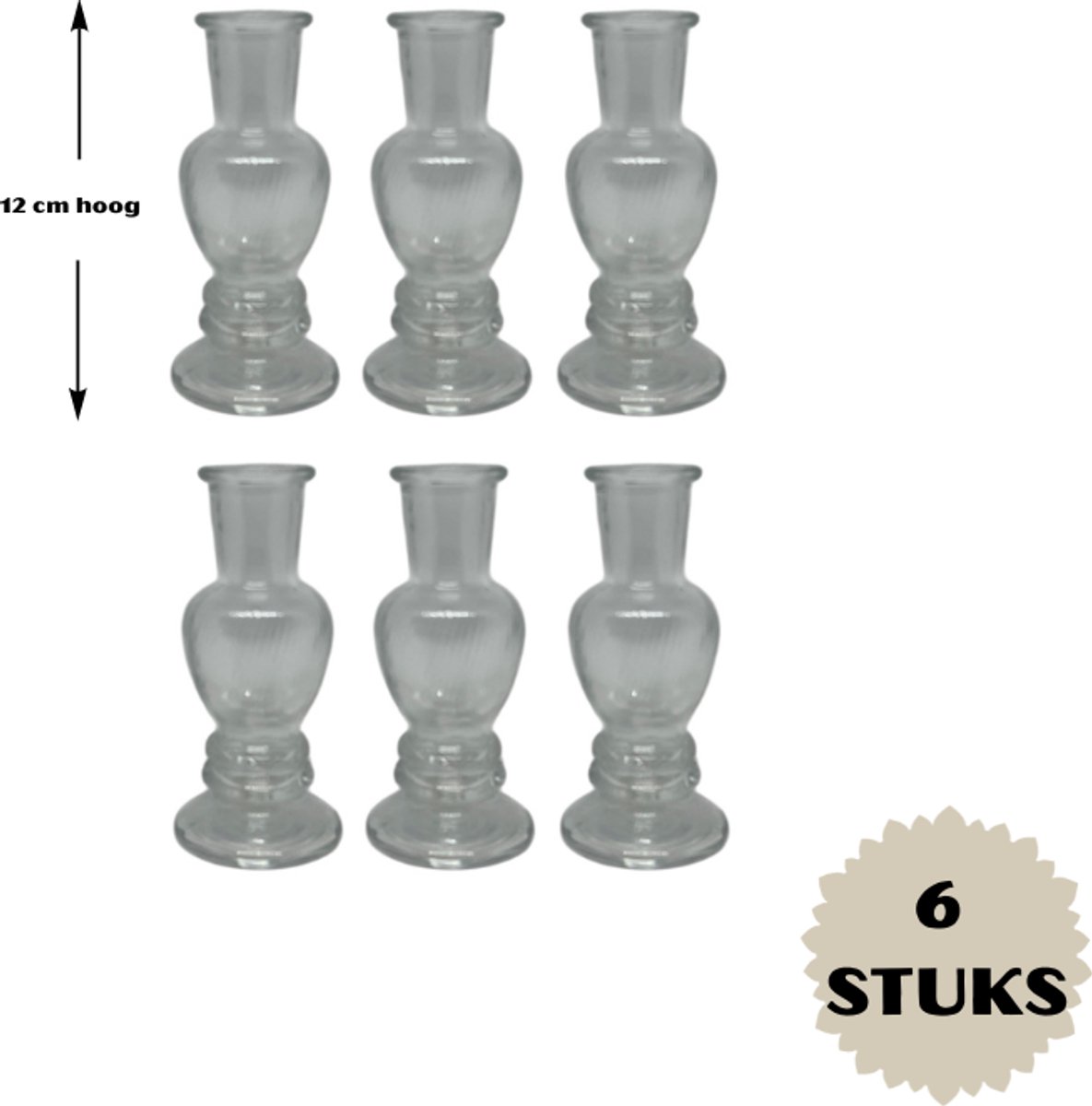 Mini vaasjes - TRANSPARANT - set van 6 - 12 cm hoog - glas - transparant – communie