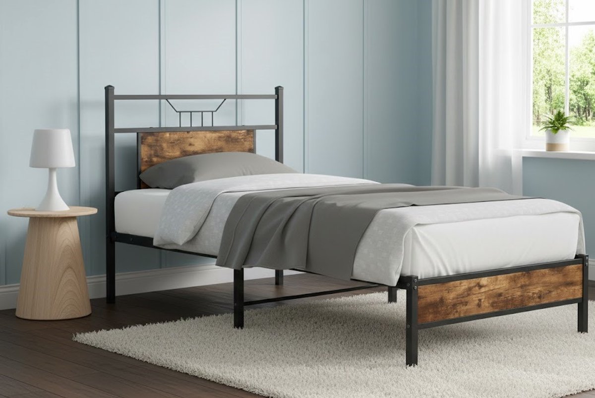 Metalen Bedframe met Hoofdbord en Opbergruimte 90x200 – Industrieel Design in R? Eikenlook met Lattenbodem – House & Graden