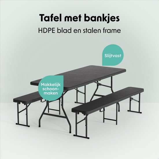 LifeGoods Inklapbare Picknickset - 180cm x 74cm - Tuintafel met 2 Banken - Weerbestendig - Campingtafel - Biertafel Opklapbaar - Voor Binnen en Buiten - Voor 6 tot 8 Personen - Rattan Zwart van Merkloos — afbeelding 3