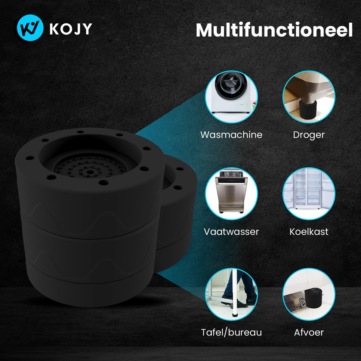 KOJY - Wasmachine Dempers - Verhoger - Stapelbaar - Zwart - Voor Wasmachine & Wasdroger — afbeelding 3