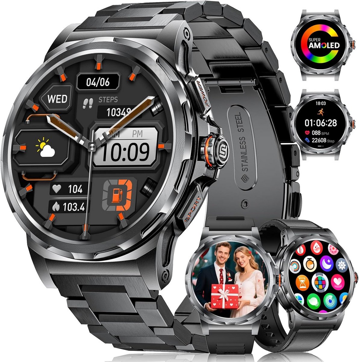 Militaire Smartwatch voor Mannen met 1.43 Inch AMOLED Scherm, Bluetooth Bellen en Fitness Tracking