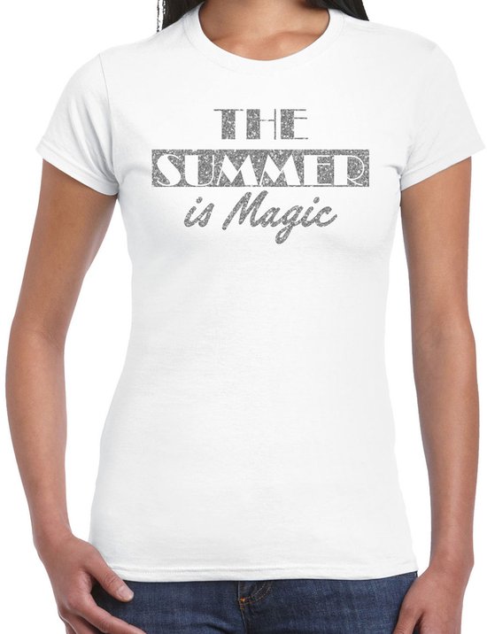 Toppers - Bellatio Decorations Toppers T-shirt déguisement femme - The summer is Magic - blanc - paillettes argentées - Miami Vice M