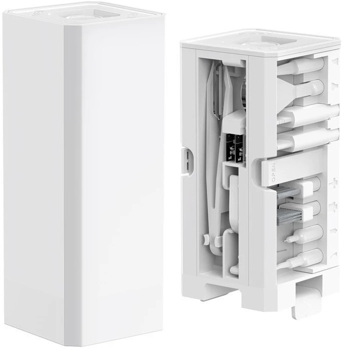 Deze 32-in-1 multifunctionele reinigingsset voor elektronische apparaten is geschikt voor koptelefoons, mobiele telefoons, computers, monitoren, lenzen, enz. De set heeft een compact en draagbaar ontwerp en is verkrijgbaar in het wit.