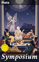 Boekomslag van Plato's Symposium: een illustratie van een symposion met Griekse figuren, Parthenon en een engel.