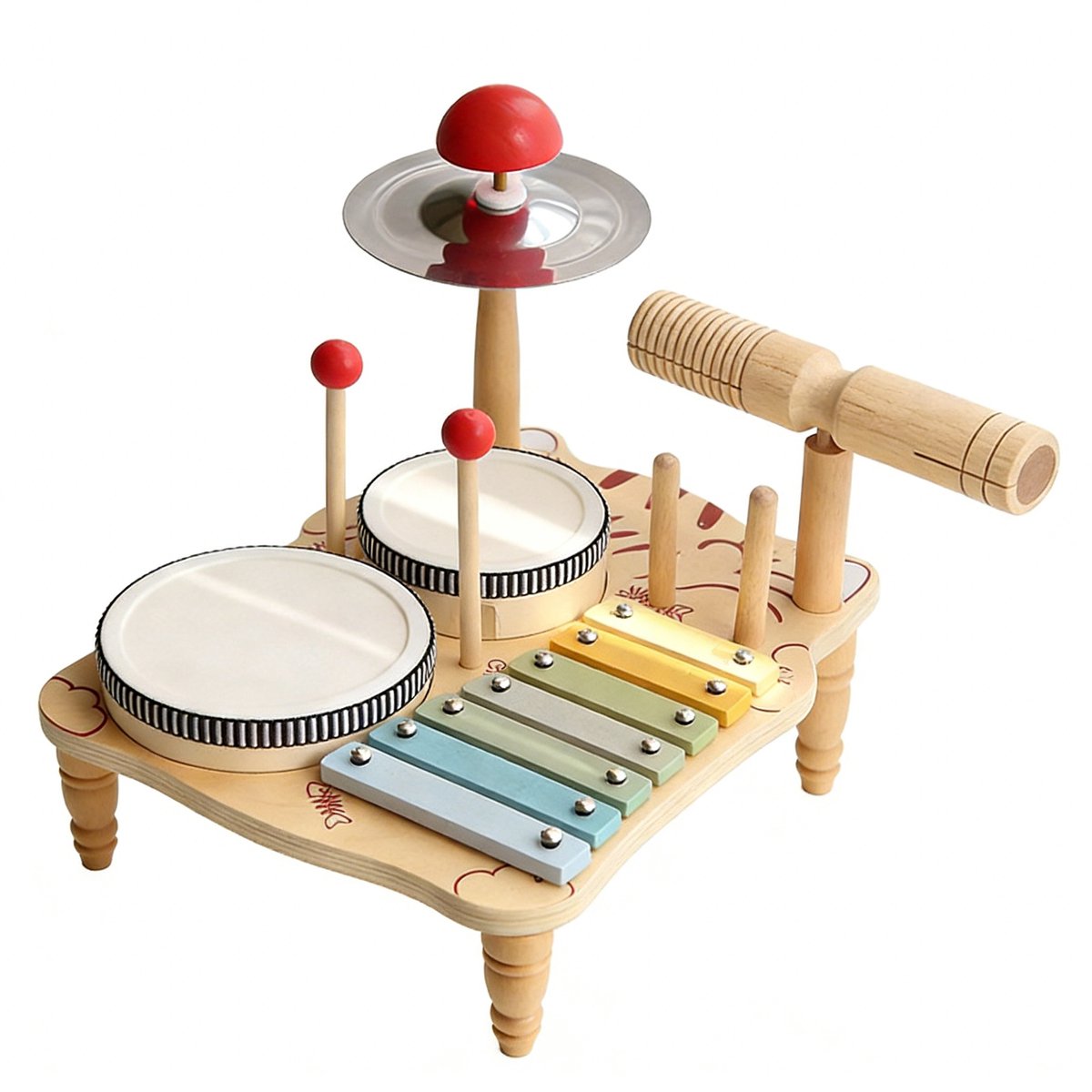 Montessori Muziektafel voor Peuters – Houten Drumstel met 2 Trommels, Xylofoon & Cymbaal – Educatief Muziekspeelgoed – Creatieve Muziekinstrumenten voor Kinderen – Duurzaam Cadeau voor Sinterklaas & Kerst