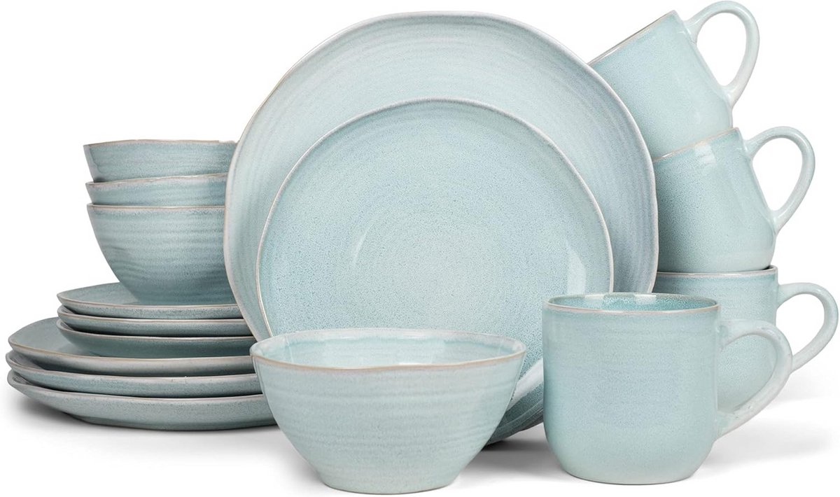 Keramisch Steengoed Servies Set voor 4 Personen Reactive Glazuur IJzig Blauw