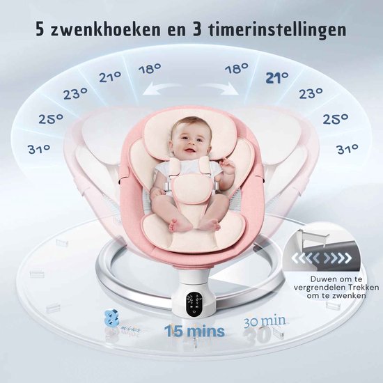 Elektrische Babyschommel met Afstandsbediening en Bluetooth - Baby Transat met 5 Schommelsnelheden, Timer en Muziekfunctie - Tot 10kg — afbeelding 4
