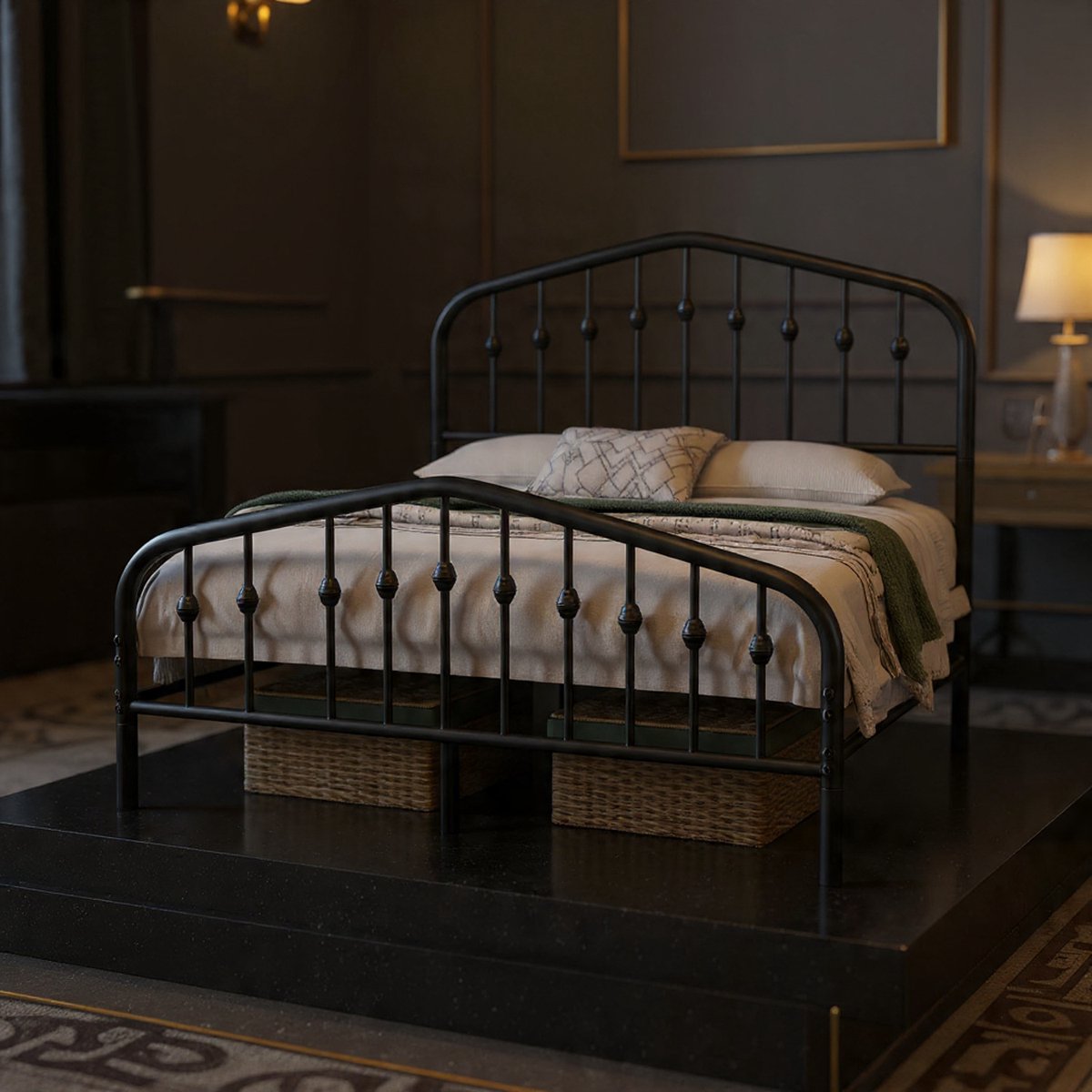 Vintage Metalen Bed 140x200 cm – Stijlvol Tweepersoonsbed met Kroonvormig Hoofdeinde, Robuust en Stabiel, Piepvrij, Onderhoudsvriendelijk – Ideaal als Slaapkamerbed, Logeerbed of Tienerbed – Zwart - House&Garden