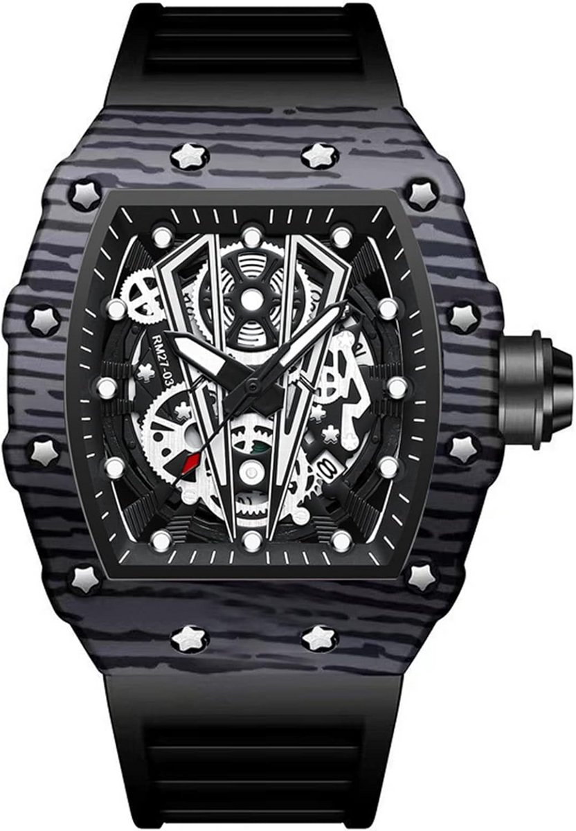 Heren Quartz Horloge met Skelet Wijzerplaat en Siliconen Band