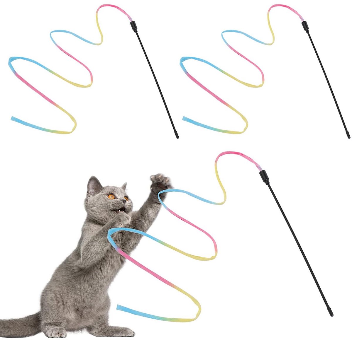 TuseRxln Kattenspeeltjes - Interactief Kattenspeelgoed - Teaserstok Met Regenboogpatroon Voor Jagen En Springen - 3 Stuk - Voor Indoor Spelen En Bonding Paars