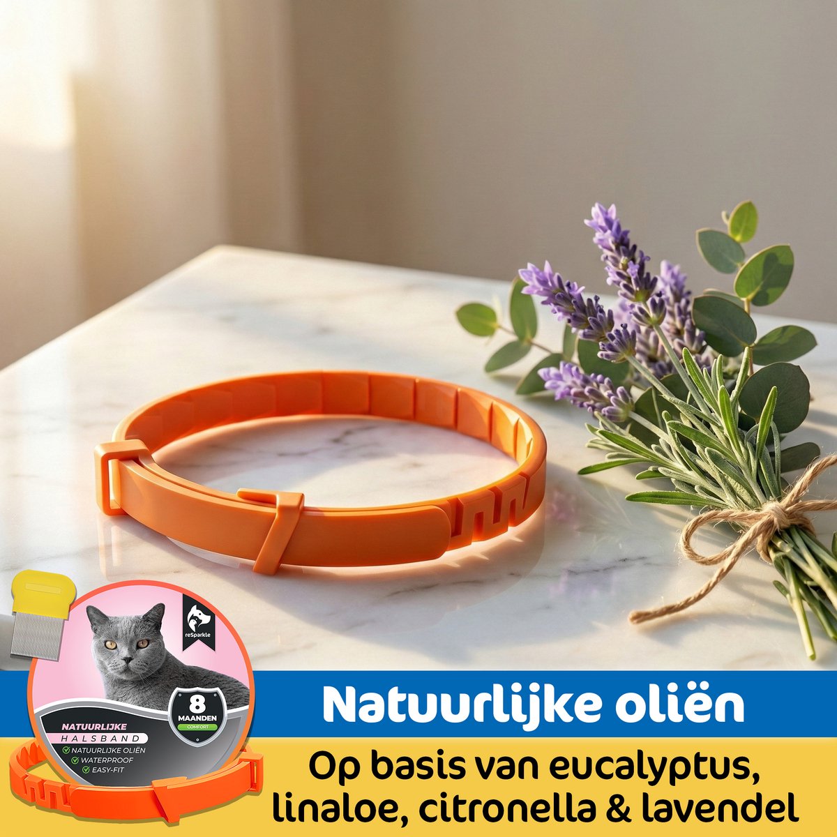 reSparkle Halsband Kat - Natuurlijk - Inclusief Vlooienkam - Oranje – foto 4