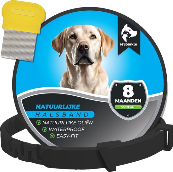 Close-up van het hoofd van een gele labrador die een zwarte halsband draagt. Tekst "8 maanden" en "Natuurlijke halsband".