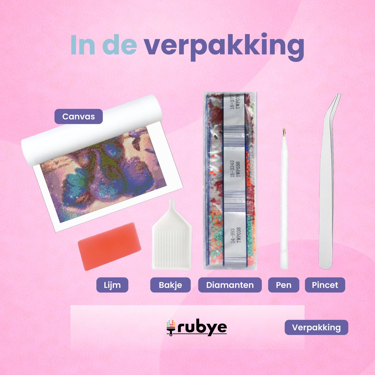 Rubye® Diamond Painting Volwassenen & Kinderen - Pakket Volledig - Olifant met Vlinders - 30x40cm — afbeelding 7