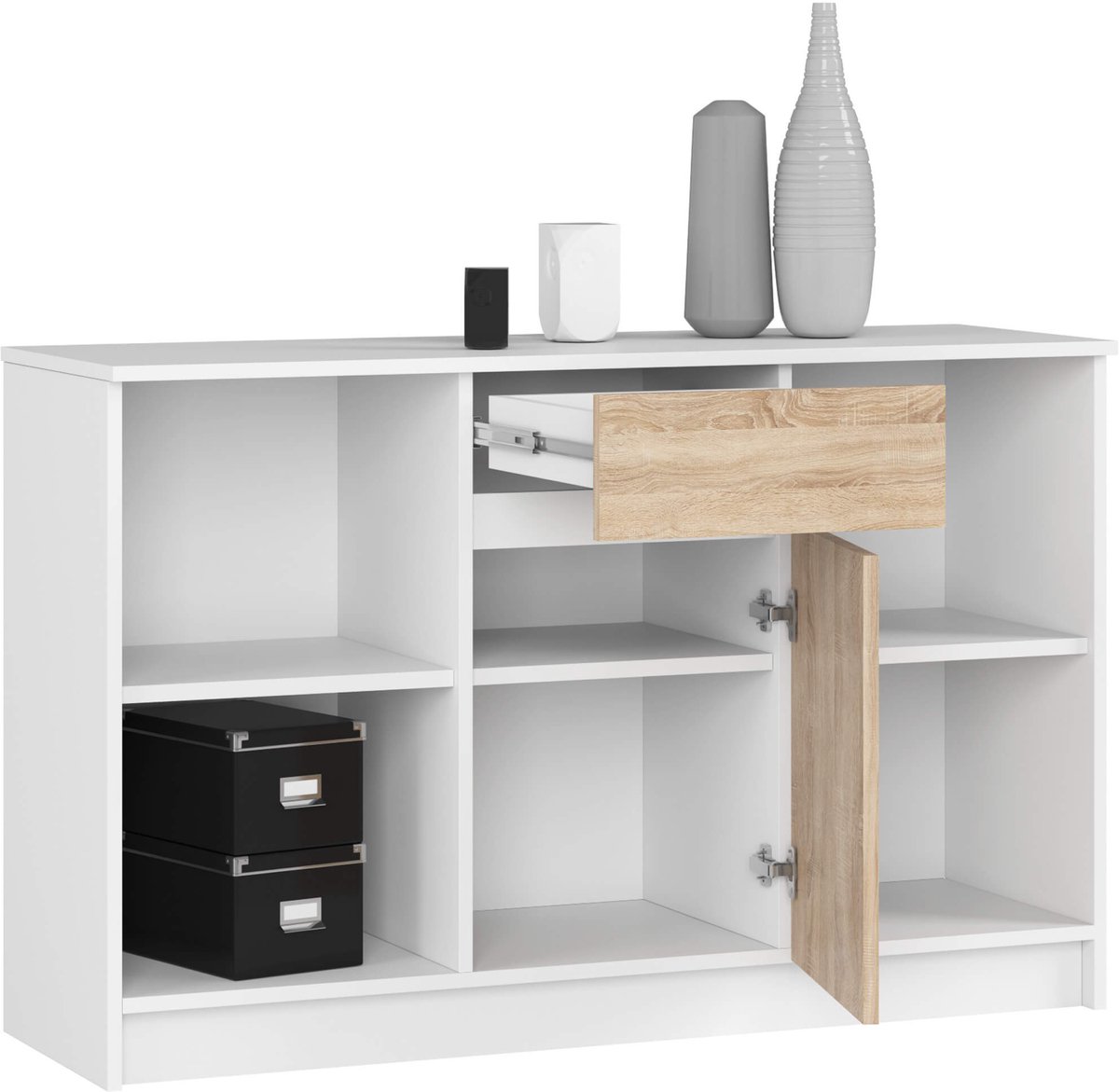 Ladekast B-17 met 1 Lade en 6 Planken / AKORD Furniture Factory / Wit – Sonoma Eik / 120 x 77 x 40 cm