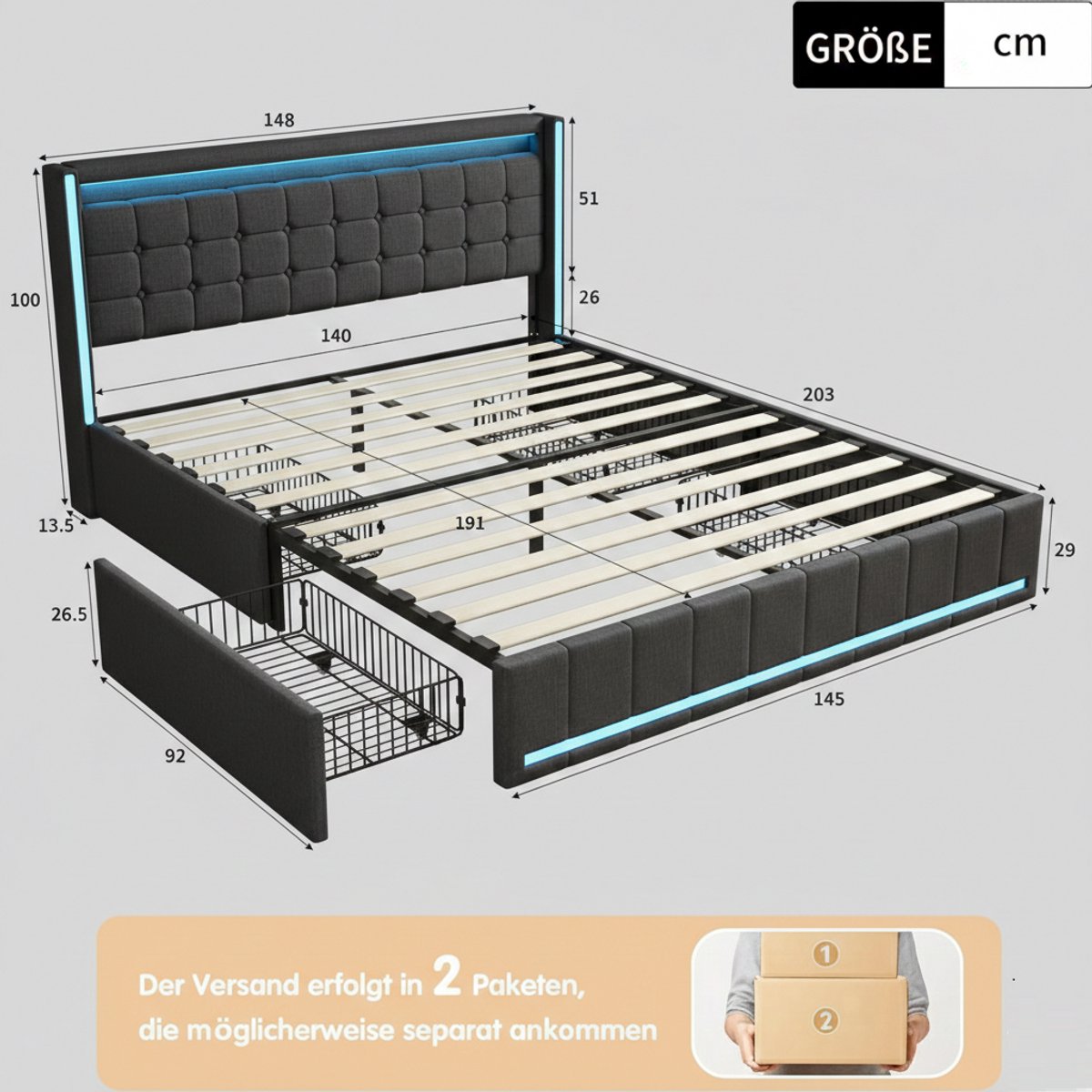 Gestoffeerd tweepersoonsbed 140x190 cm met LED-hoofdeinde, USB-C, 4 opbergladen, modern tienerbed, linnen bekleding, houten lattenbodem – Casa Velluto
