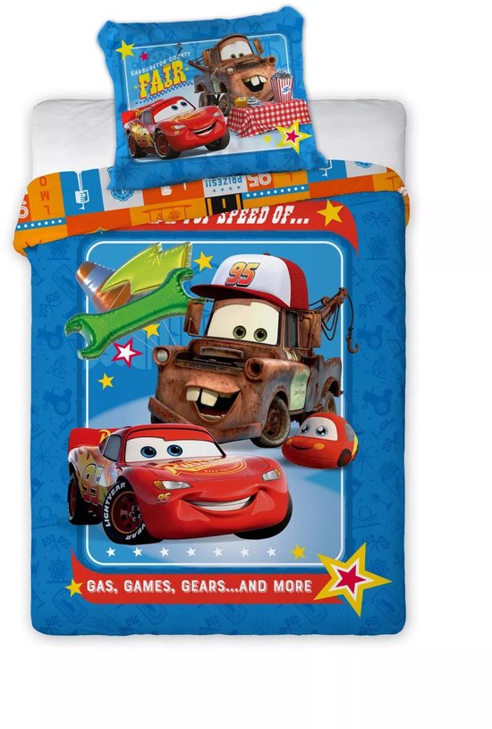 Blauw dekbedovertrek met Lightning McQueen en Mater van Disney Cars, met de tekst 'GAS, GAMES, GEARS...AND MORE'