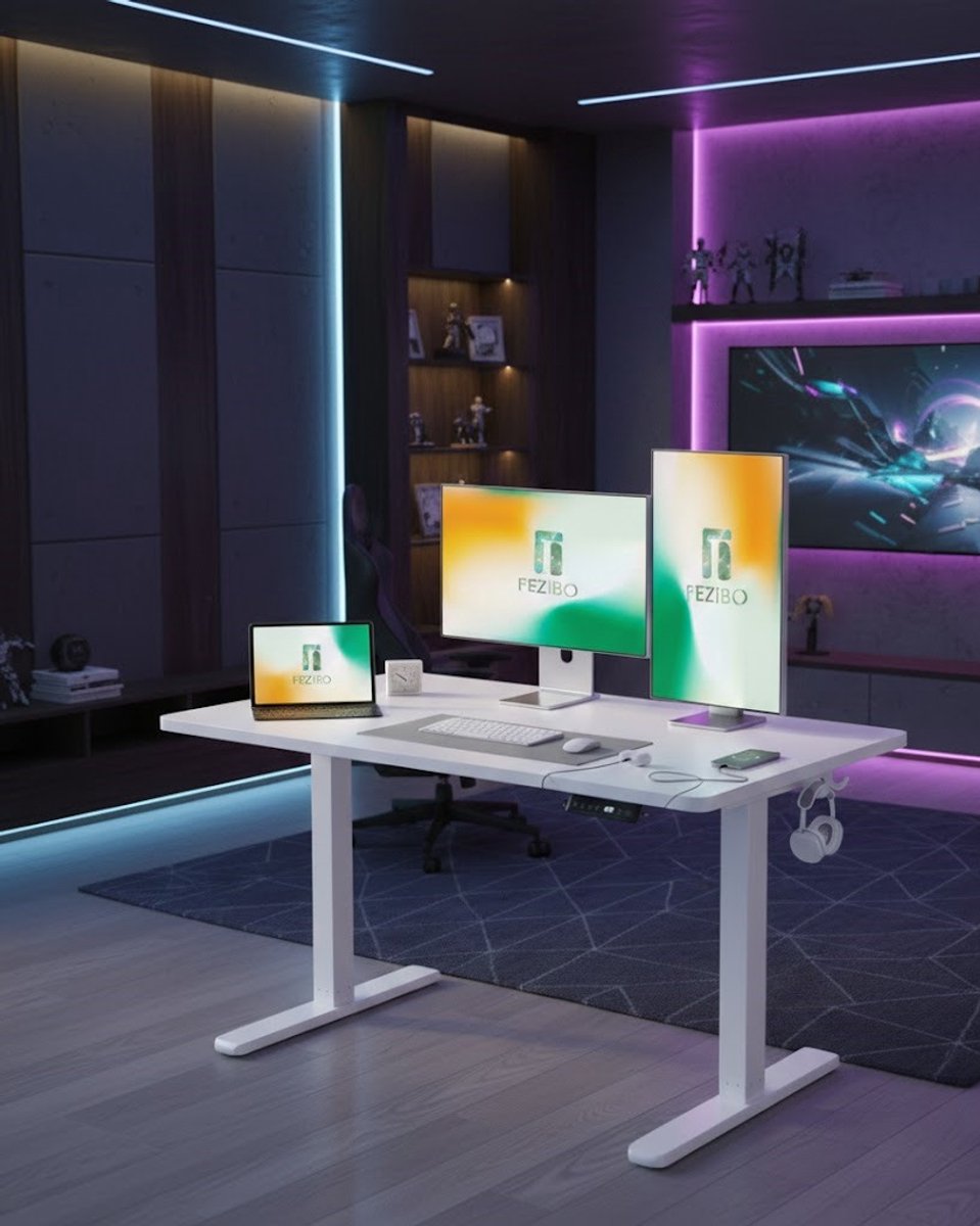 Elektrisch In Hoogte Verstelbaar Bureau A-Furniture met USB-A en USB-C Oplaadpoorten – Staand Bureau Wit, 140x70 cm – Ergonomisch Bureau voor Thuiswerk – Stabiele Stalen Constructie, Moderne Design