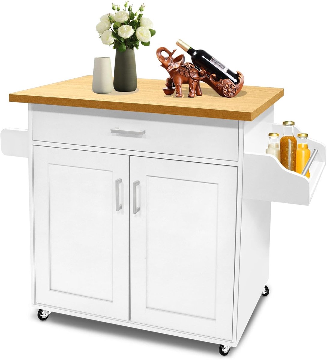 115x36x90cm Verplaatsbare Keukeneilanden MDF Werkblad Keukenwagen Met Wielen, Lade, Legplank, Handdoekhouder & Kruidenbord Rollwagen Belastbaar Tot 50KG Eetwagen Voor Feest (Wit) NAIZY