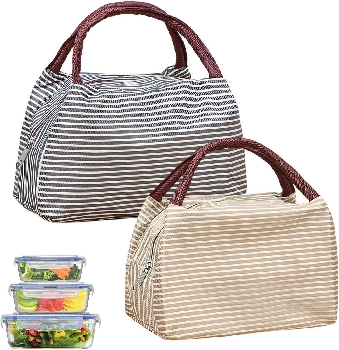 Thermotas lunchbox draagbaar geïsoleerd opvouwbaar zwart kaki school kantoor picknick reis 2 stuks.