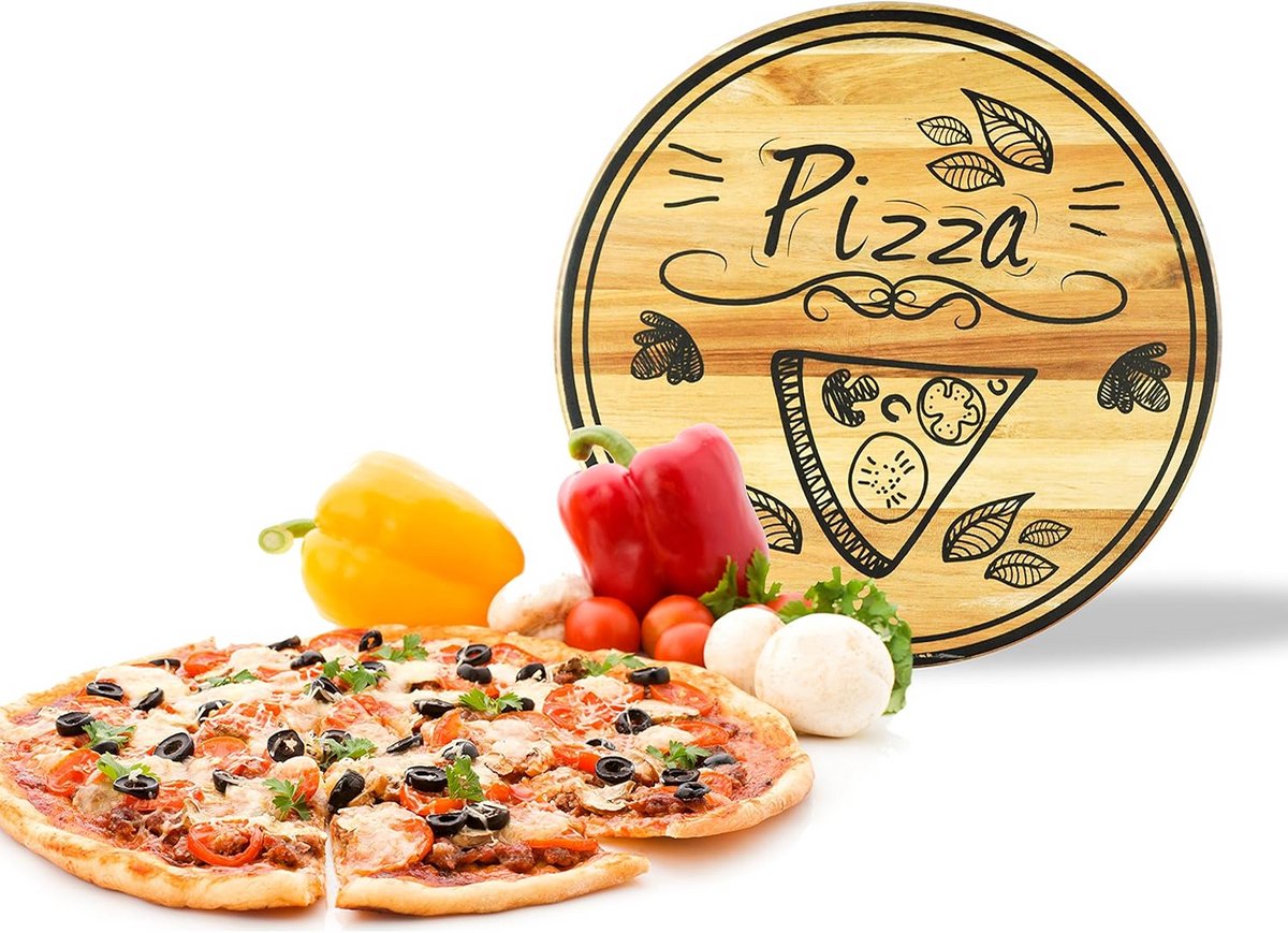 Draaibare Houten Serveerplank met Pizzamotiv - Ø 30 cm