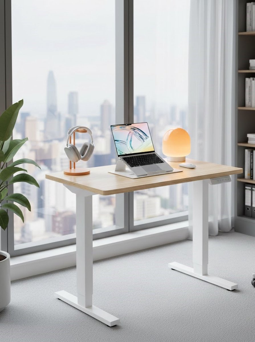 Elektrisch Zit-Sta Bureau 80x48 cm – Hoogte Verstelbaar Bureau met 4 Geheugenstanden – Stil Motorisch Sta Bureau voor Thuiswerk, Kantoor & Gaming – Licht Walnoot A-Furniture