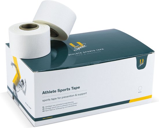 Boîte U-Sport Athlete Sports Tape avec deux rouleaux de ruban de sport blancs dessus.