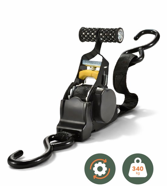 Toolland Spanband, tweedelig, met ratel en S-haken, zelfoprollend, voor het vastzetten van lichte ladingen, max. 300 kg, polyester, zwart, 3 m x 25 mm, 1 stuk : Velleman Group nv