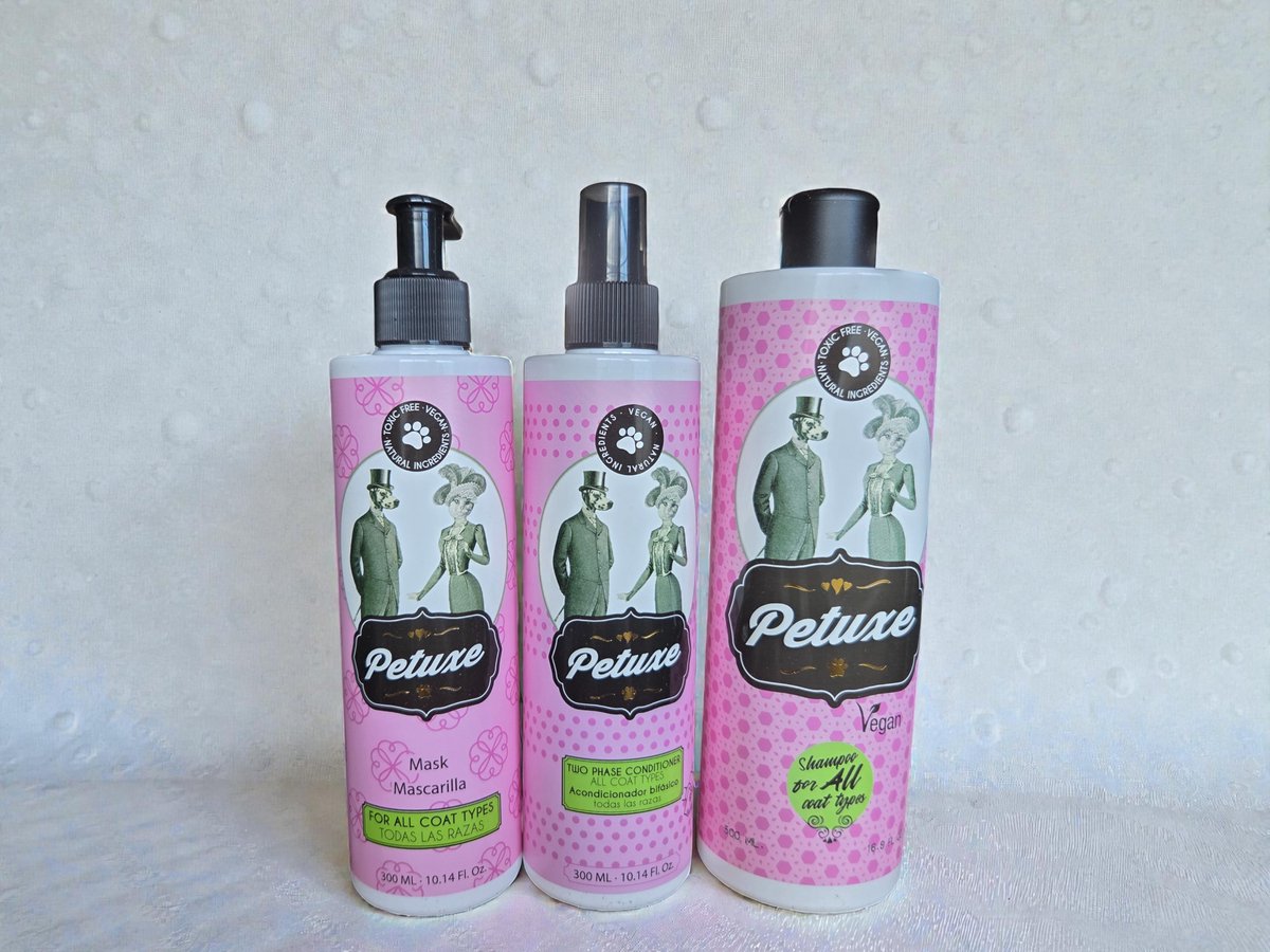 Petuxe All Types Shampoo + 2-Phase Spray + Hydraterend Masker Set – Complete Spa-Verzorging voor Alle Hondenrassen – Vegan, pH-Neutraal & Glansgevend – Profi Trim-salon Kwaliteit