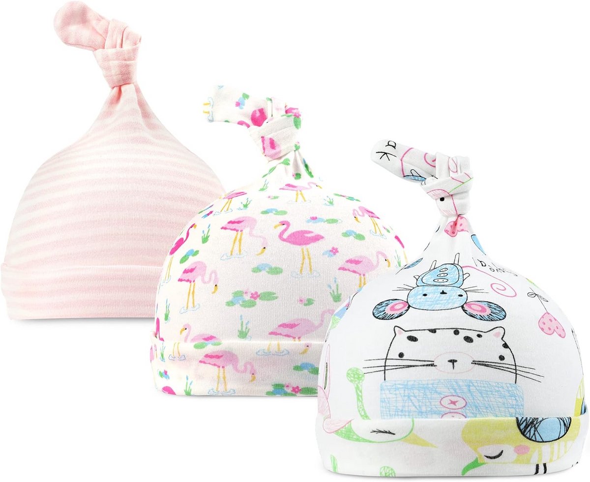 Set van 3 Katoenen Baby Mutsjes met Knoop - Verstelbare Beanie voor Pasgeborenen 0-6 Maanden