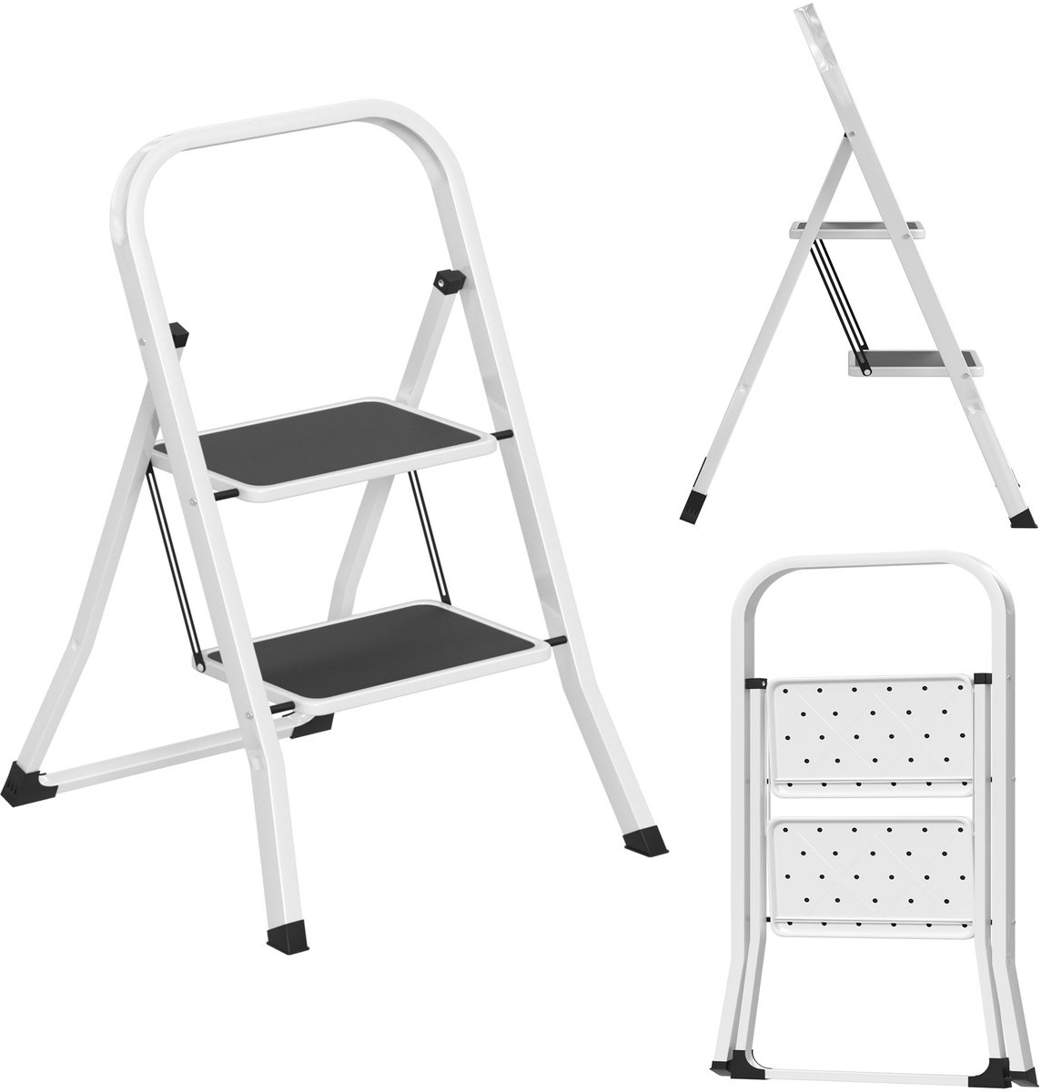 ACXIN Huishoudtrap Opvouwbare Trap 2 Treden - Stalen Frame - Antislip - Met Handgreep - Zwart-Wit