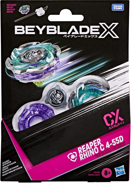 De verpakking van de Beyblade X Reaper Rhino C 4-55D CX Starterpack, met afbeeldingen van de spin-top en launcher.