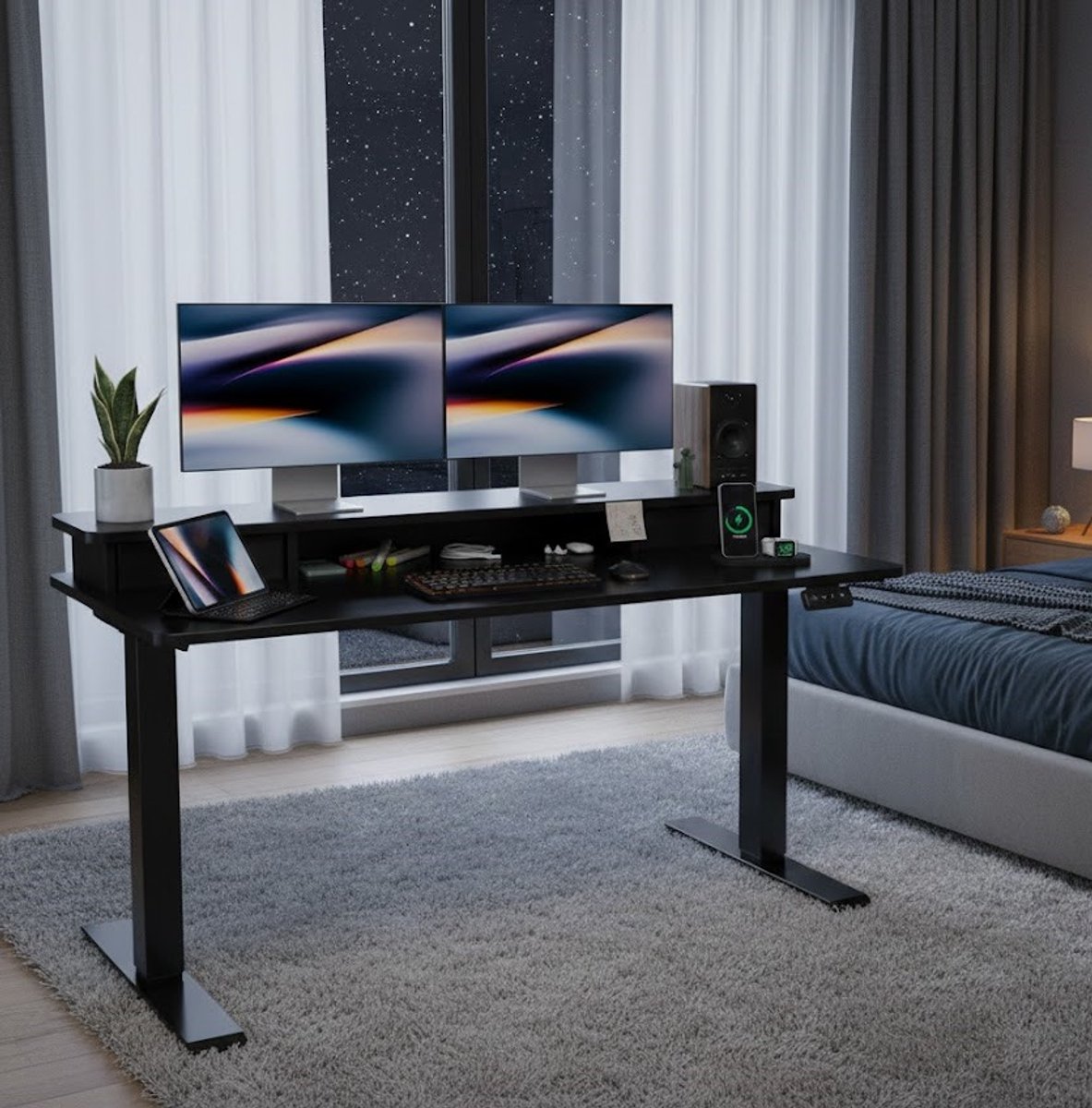 Elektrisch Verstelbaar Zit-Sta Bureau 140x60 cm – Dubbele Lade – Industriële Stijl – Hoogte Instelbaar van 72 tot 114 cm – Thuiswerk Bureau met Kabelmanagement en USB-poort – Zwart A-Furniture