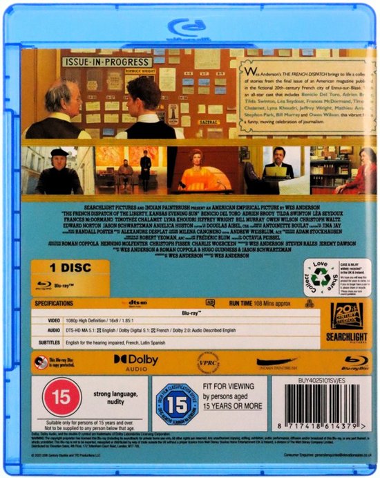 Achterkant Blu-ray hoes voor 'The French Dispatch' met filmdetails en castfoto's.