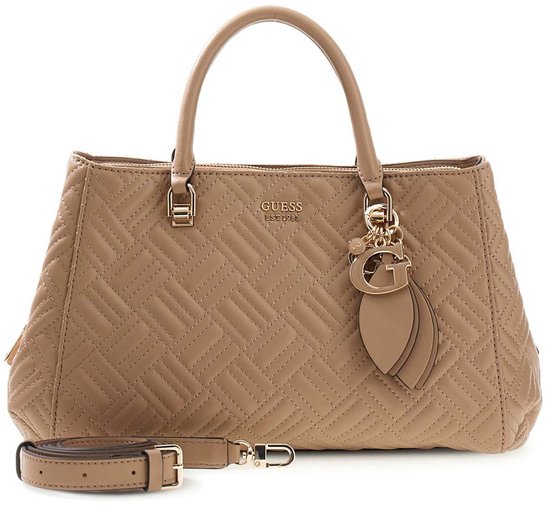 Sac à main Guess beige clair matelassé losange, breloque G, double anses et bandoulière amovible.