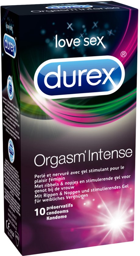 Doosje Durex Orgasm Intense condooms met roze en paarse accenten.
